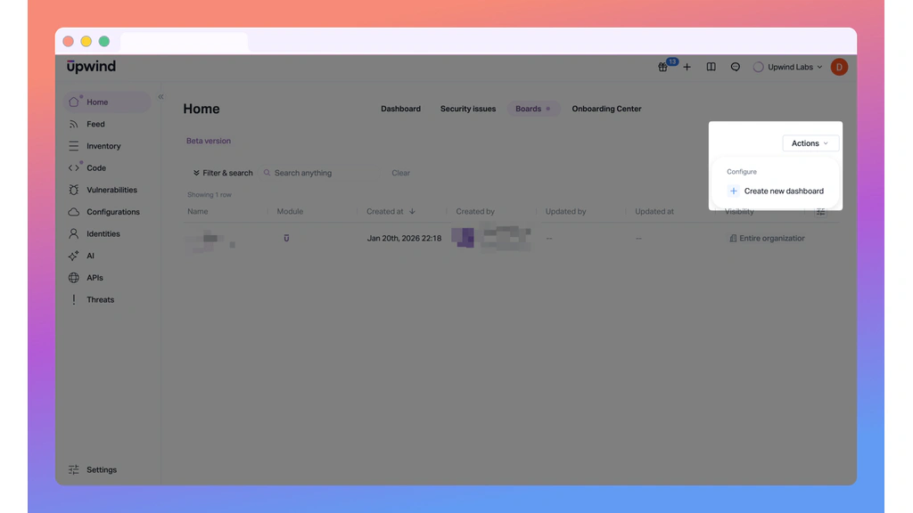 Upwind Boards page with the action to create a new custom dashboard