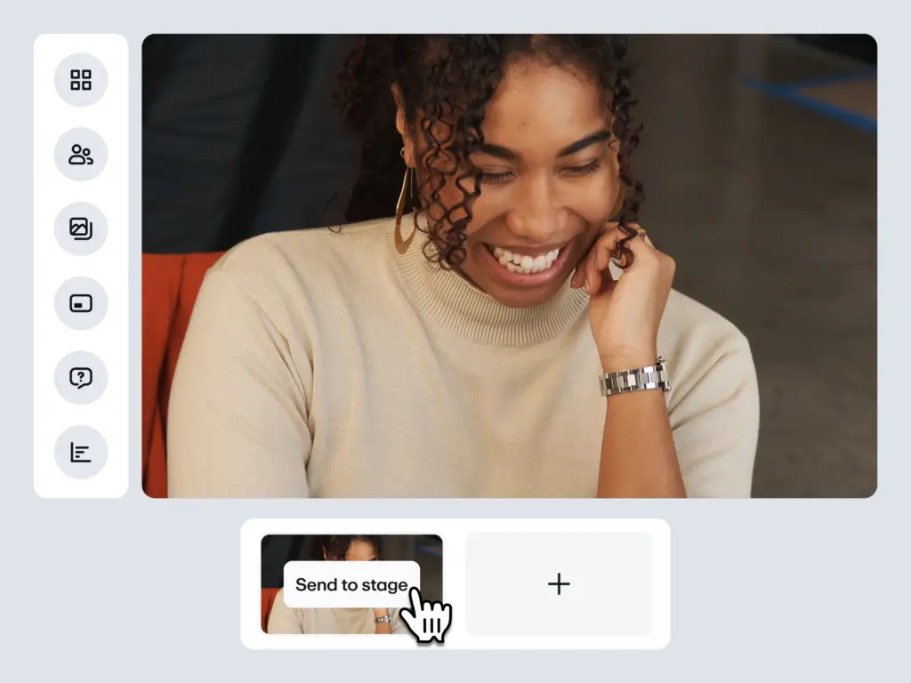 Vimeo live streaming studio showing a presenter preview and Send to stage control