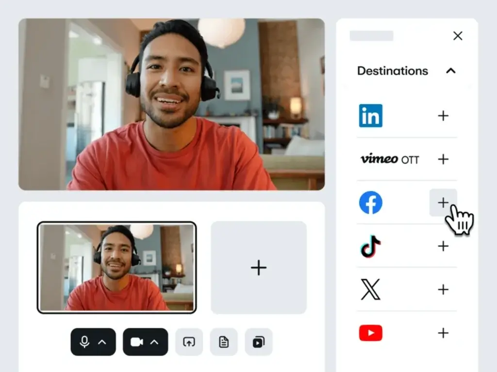 Vimeo simulcasting interface with LinkedIn, Facebook, TikTok, X, YouTube, and Vimeo OTT destinations