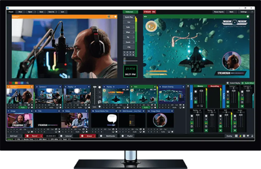 vMix interface showing gameplay, camera feeds, graphics, audio mixing, and live streaming controls