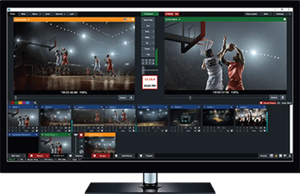 vMix instant replay interface showing multiple basketball camera angles and playback controls