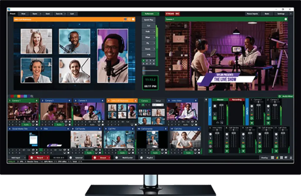 vMix live production interface with remote guests, studio cameras, graphics, and audio controls