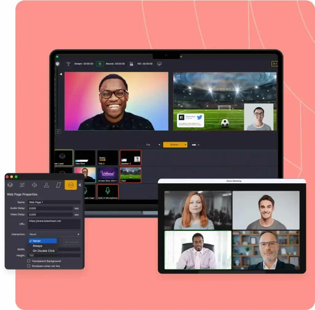 Wirecast live production interface with remote Zoom guests, web source settings, recording, and streaming controls