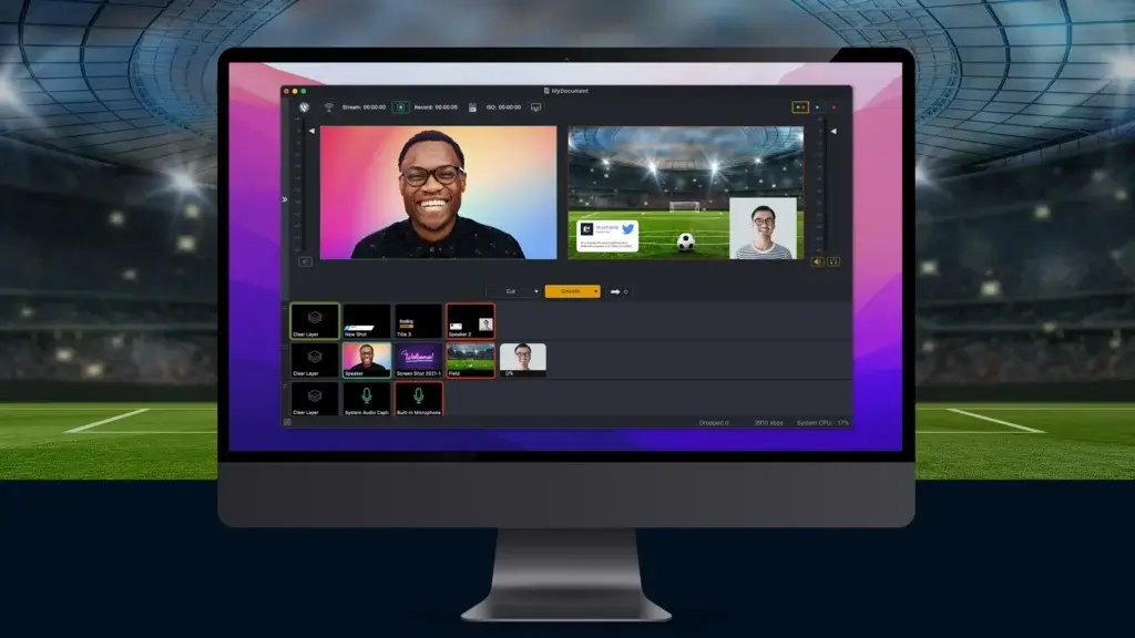 Wirecast interface showing multi-camera sports production, layered shots, preview, live output, and transitions