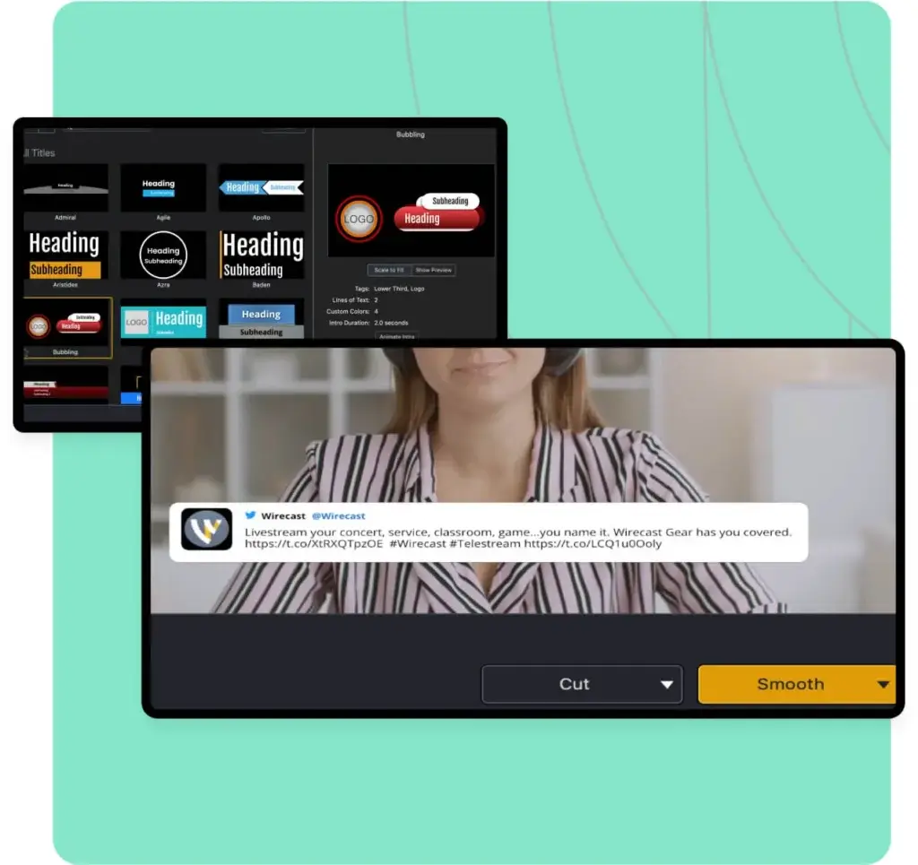 Wirecast title templates and live video preview with a customized social media comment overlay