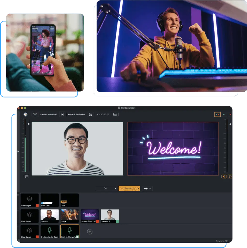 Wirecast production studio connecting live creators, mobile viewers, video sources, graphics, and broadcast controls