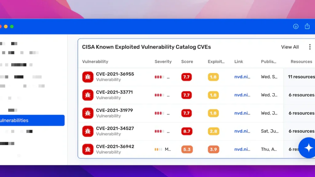 Wiz vulnerability dashboard listing CISA known exploited CVEs with scores and affected resources