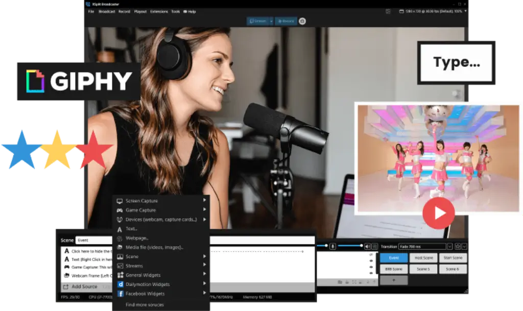 XSplit Broadcaster interface with text, GIPHY graphics, ratings, video overlays, widgets, and scene controls