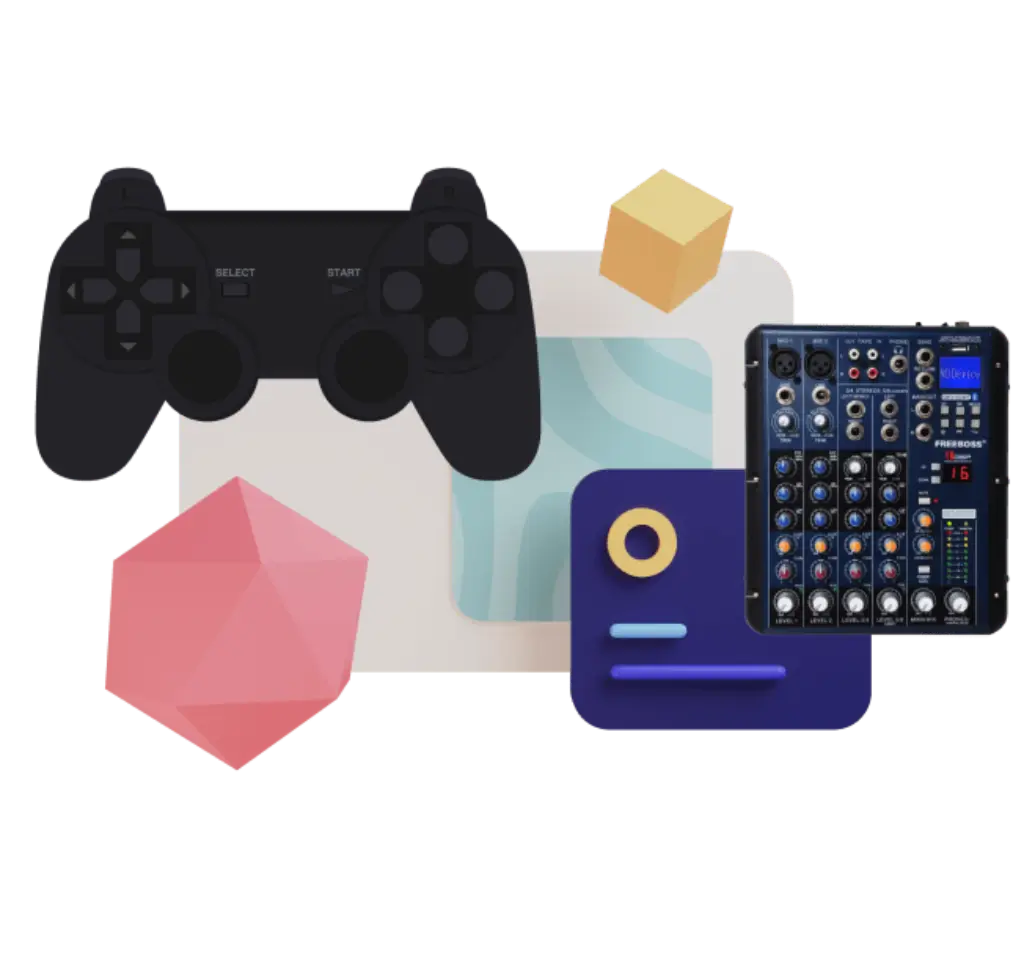 XSplit plugin illustration with a game controller, graphics tools, camera elements, and an audio mixer