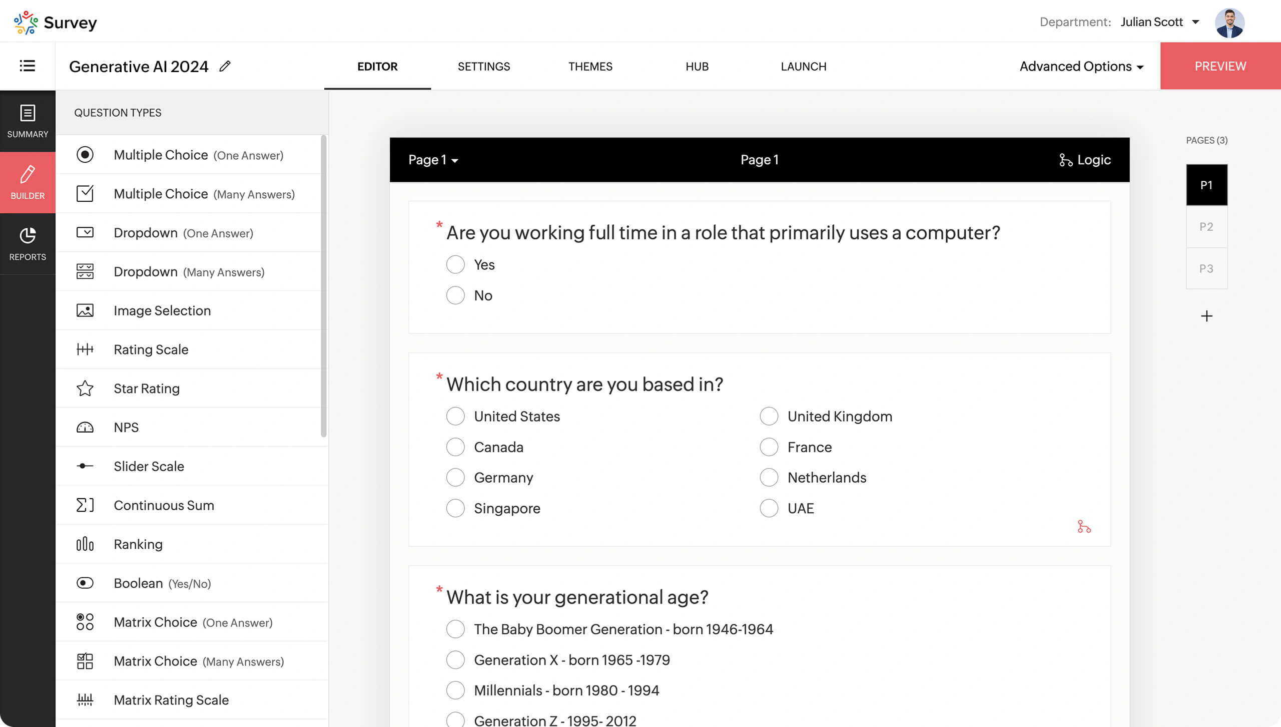 Zoho Survey builder showing question types and survey pages