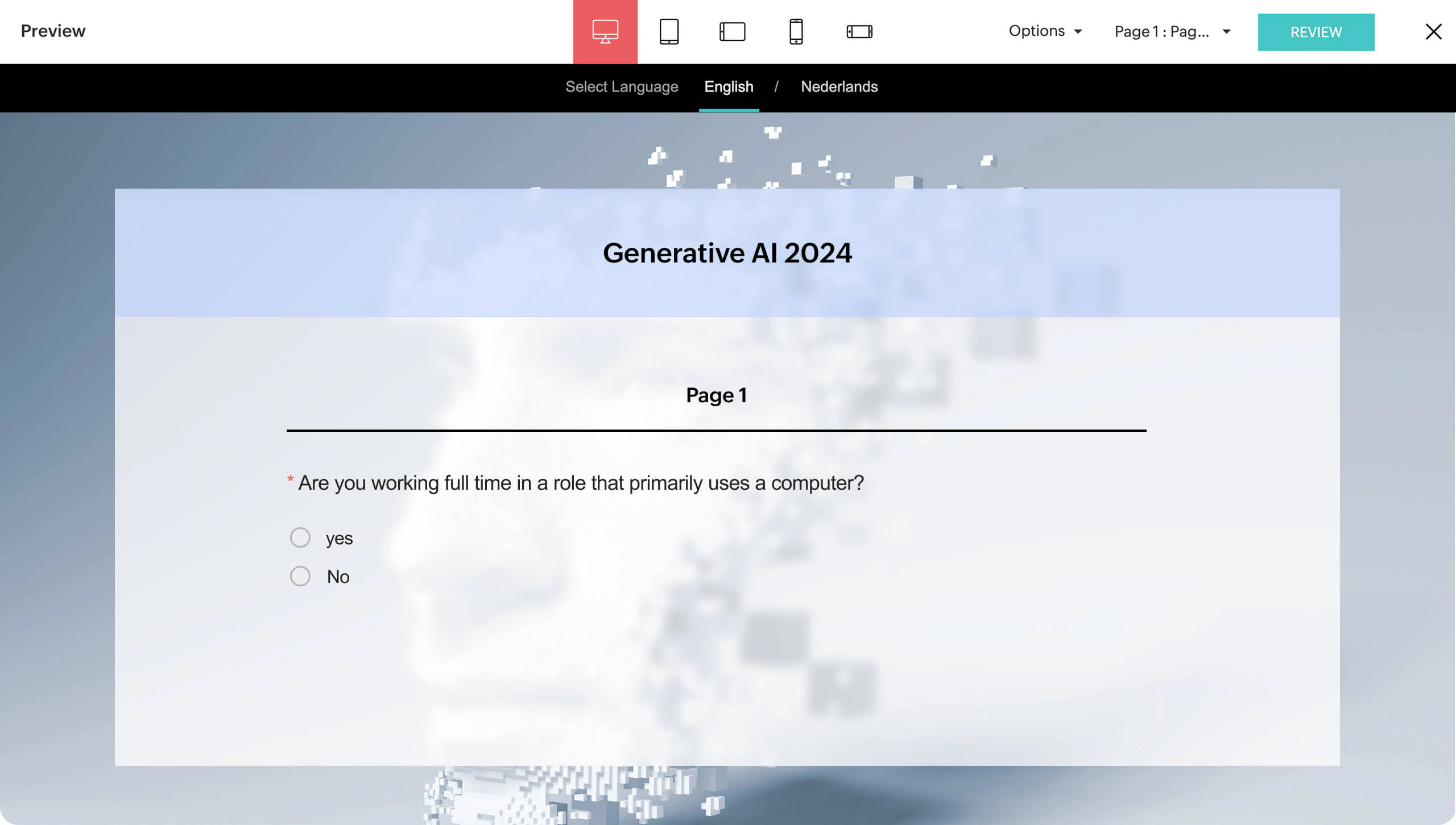 Zoho Survey preview with English and Dutch language options